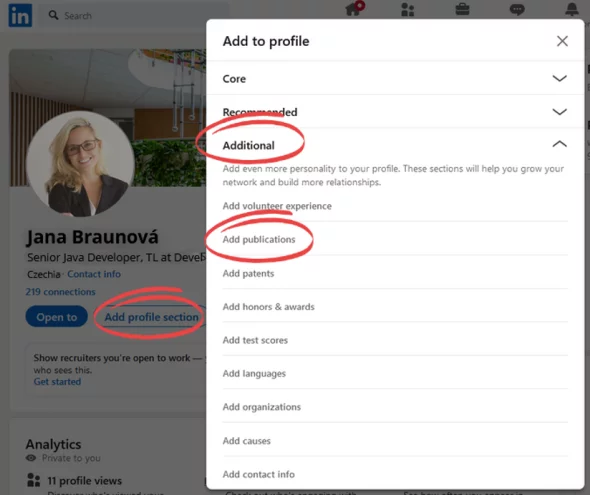 Sdílení publikací na LinkedInu pro budování profesní pověsti.