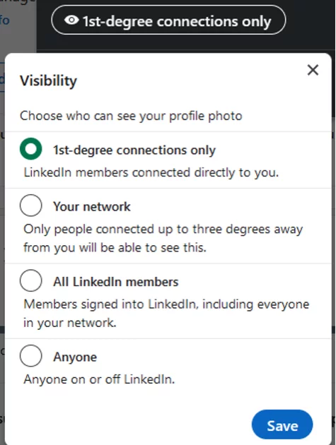 Možnosti nastavení viditelnosti profilové fotografie na LinkedInu.
