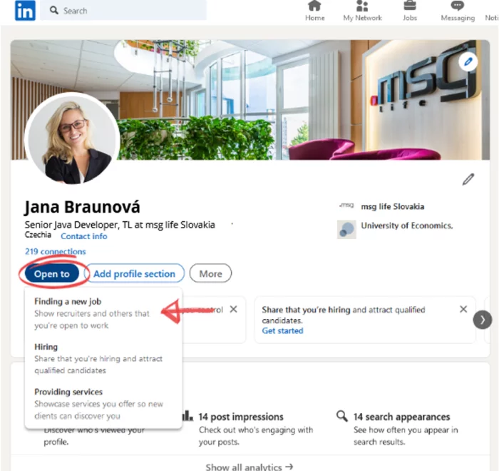 Aktivace funkce "Open to Work" na síti LinkedIn